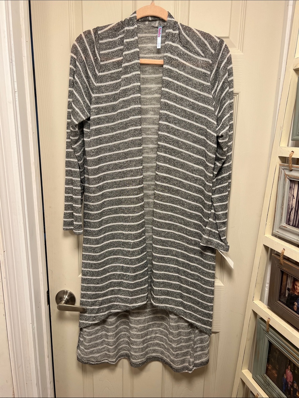 Azules Gray and White Striped Open-Front Long Cardigan
